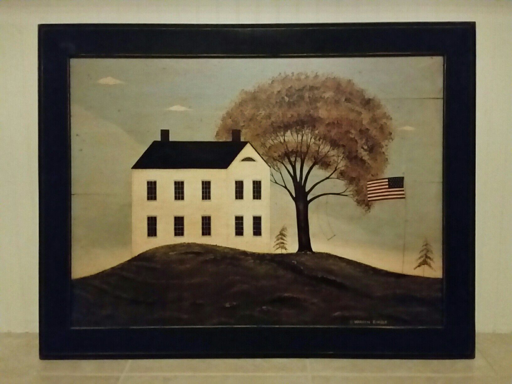 Big, Framed "House with Flag" by Warren Kimble -- Folk Art