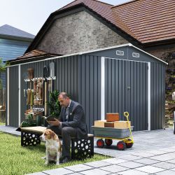 Campcraft Outdoor Storage Shed 9×11 FT with 3 Lockable Doors,Utility Tool Shed Metal Storage Garden Sheds 4 Vents,Metal Sheds with Galvanized Steel Fr