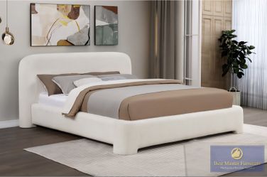 Frame Queen Cream Burlap Fabric, Platform Bed, New Especial Price 