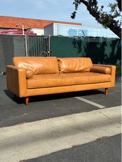 Living Spaces Leather Mid Century Sofa Ask For Delivery 🚚