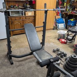 TSA Bench Press Squat rack Full Set Of Sports Authority Weights York Barbell Adjustable Dumbbells And Curling Bar for Sale in Riverside CA OfferUp