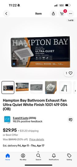 Hampton Bay Bathroom Exhaust Fan Ultra Quiet White Finish 1001 419 054 (OB)