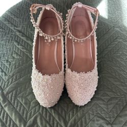 White Wedge Pearl Floral Shoes