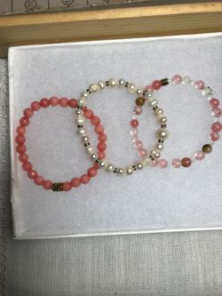 3 bracelets rhodochrosite, freshwater pearl,pink tourmaline
