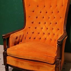 Vintage Orange Velvet Tufted Wingback Chair