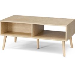 Coffee Table with Storage, Boho Rattan Coffee Table with Drawer & Solid Wood Legs