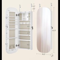 SONGMICS Jewelry Organizer LED Cabinet Wall/Door Mounted Lockable Rounded Wide Mirror - White/ Greige
