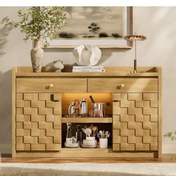 55" Wooden Buffet Cabinet w/ LED & Charging Station - Coffee Bar Sideboard