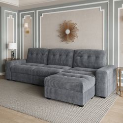 New Large Gray Corduroy Wide 3 Seat Sofa & Ottoman- Solid Wood Frame