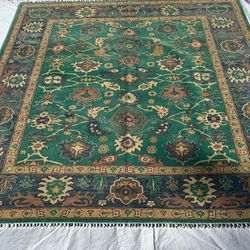 8x10 ft Handmade Authentic Oriental Kazak Rug, Light Green and Soft Tan, 100% Wool, Natural Dyes, for Living Room, Dining Room, and Bedroom