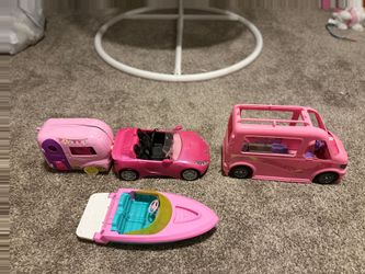 Barbie Vehicle Lot – Camper, Convertible, RV & Boat – 4 Pieces