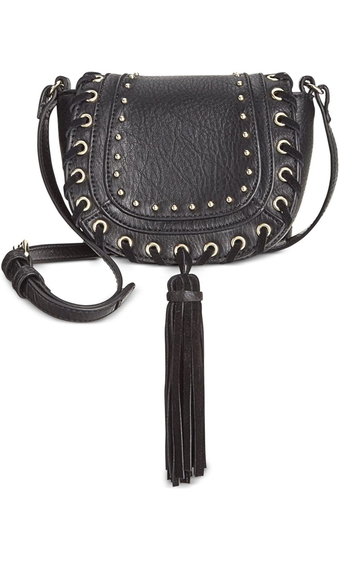 INC Women’s Fiora Faux Leather Studded Black Saddle Handbag 