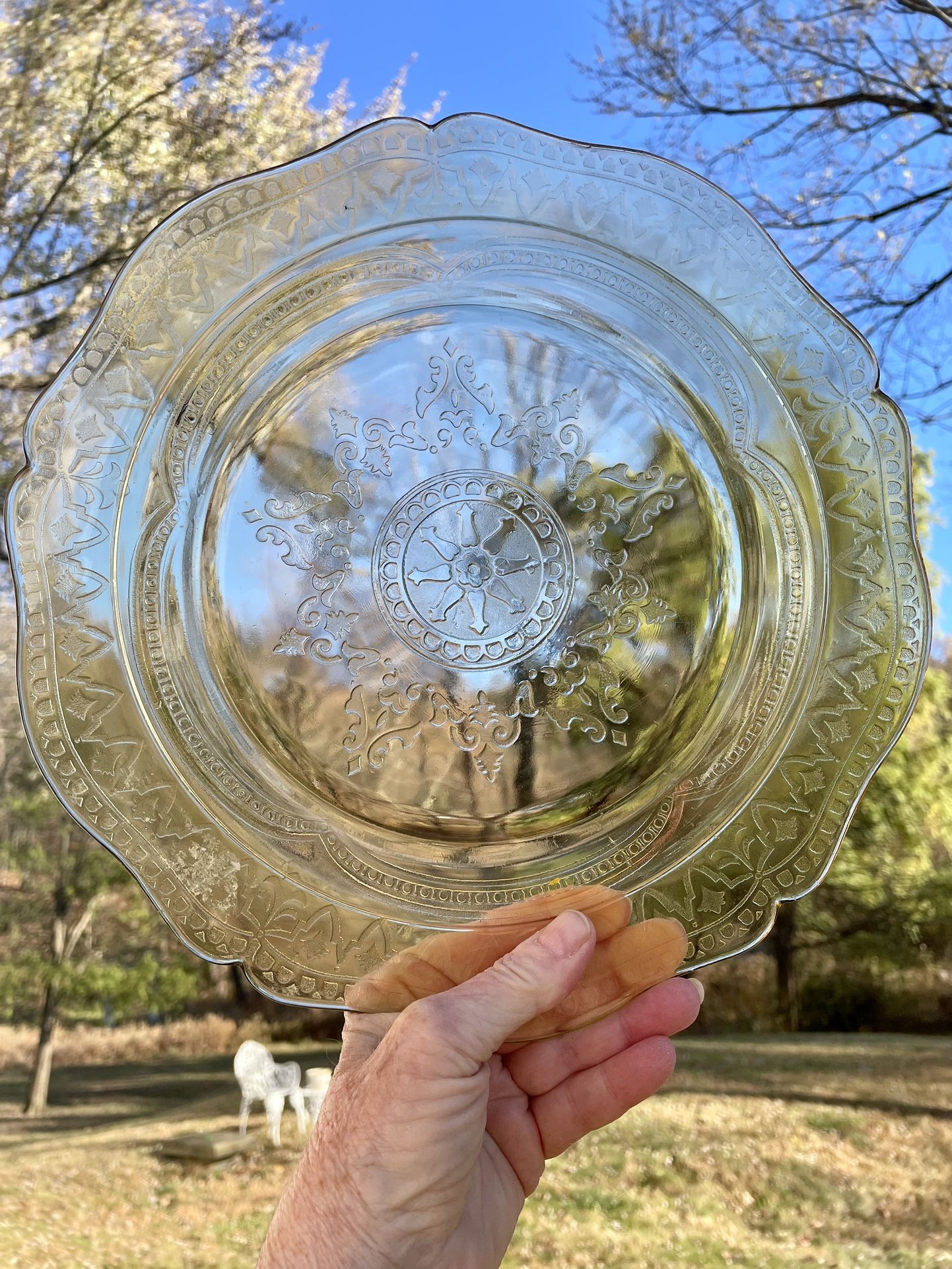 Vintage Yellow Depression Glass Pressed 11" Scalloped Plate