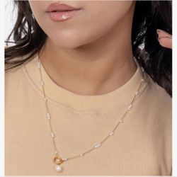 18k Gold-plated Stainless Steel White Pearl Toggle Necklace |adjustable 50+5 Cm,tarnish-resistant Design,trendy Gold Jewelry For Women for Everyday We