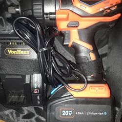 Von Haus large body high torque impact wrench kit with 4.0 amp hour battery and charger and carry case
