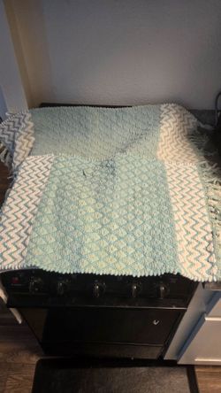 Teal and White Chevron Fringe Rug