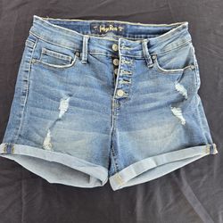 INDIGO REIN Women's Blue Denim Button Up Shorts distressed 9/28