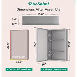 TokeShimi 16x24 Bathroom Medicine Cabinet with Mirror Tempered, Aluminum Silver Mirrored Medicine Cabinet Recessed 