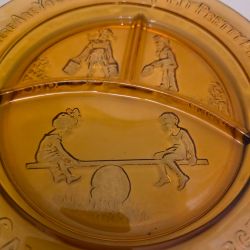 Tiara Mother Goose Amber Glass Childrens Divided Plate & Bowl Set Nursery Rhymes