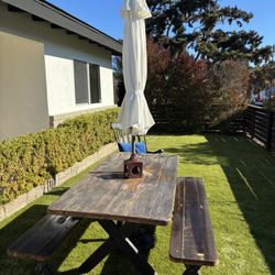1960’s Solid Redwood Picnic Table, 2 Wood Stools, Umbrella & Bonus Rocking Chair Needs Refurbish 