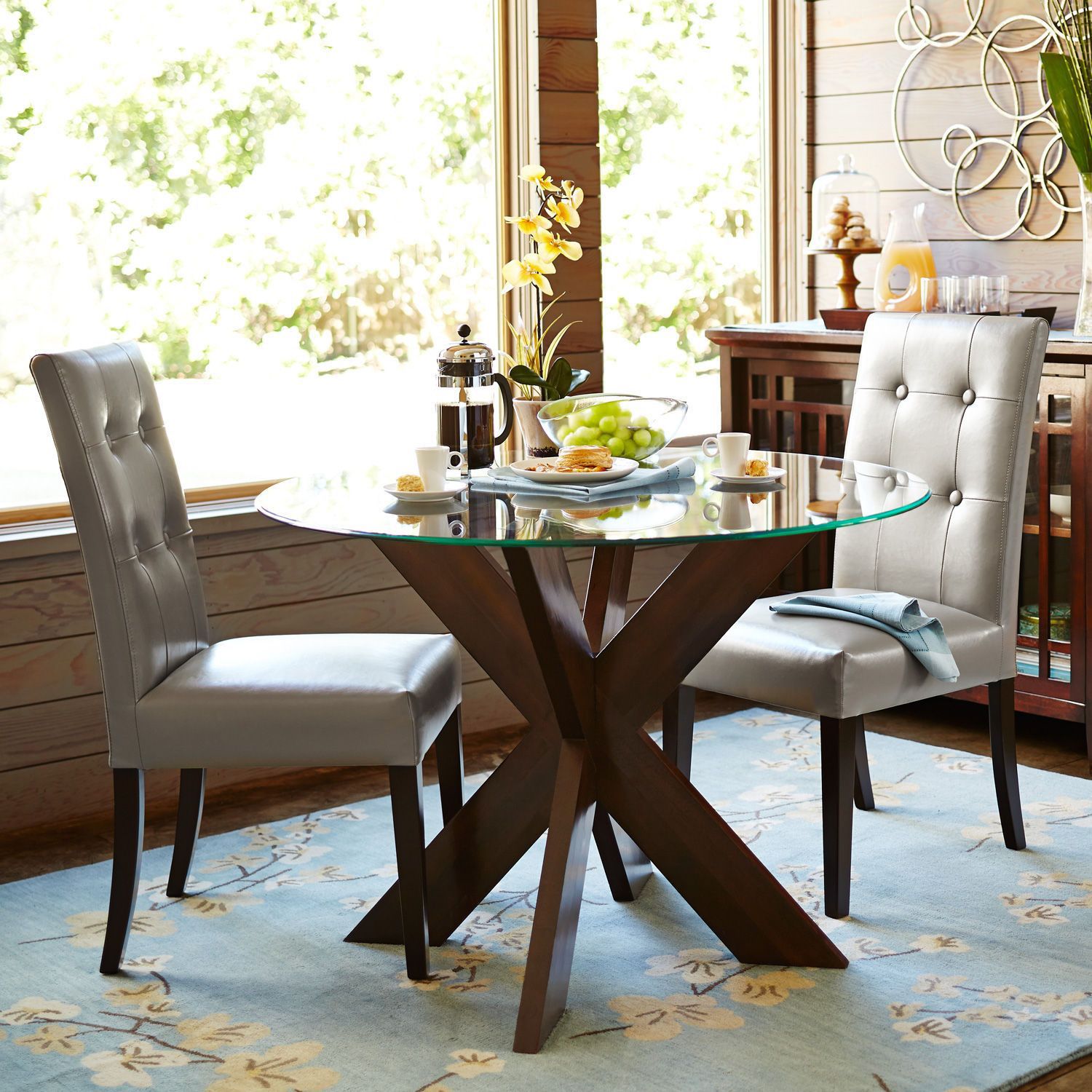Pier One Simone X Table Espresso Legs With Glass Top And 4 Dining Chairs