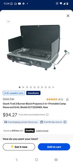 Ozark Trail 2 Burner Black Propane 2-in-1 Portable Camp Stove and Grill, Model GCT2220WD, New