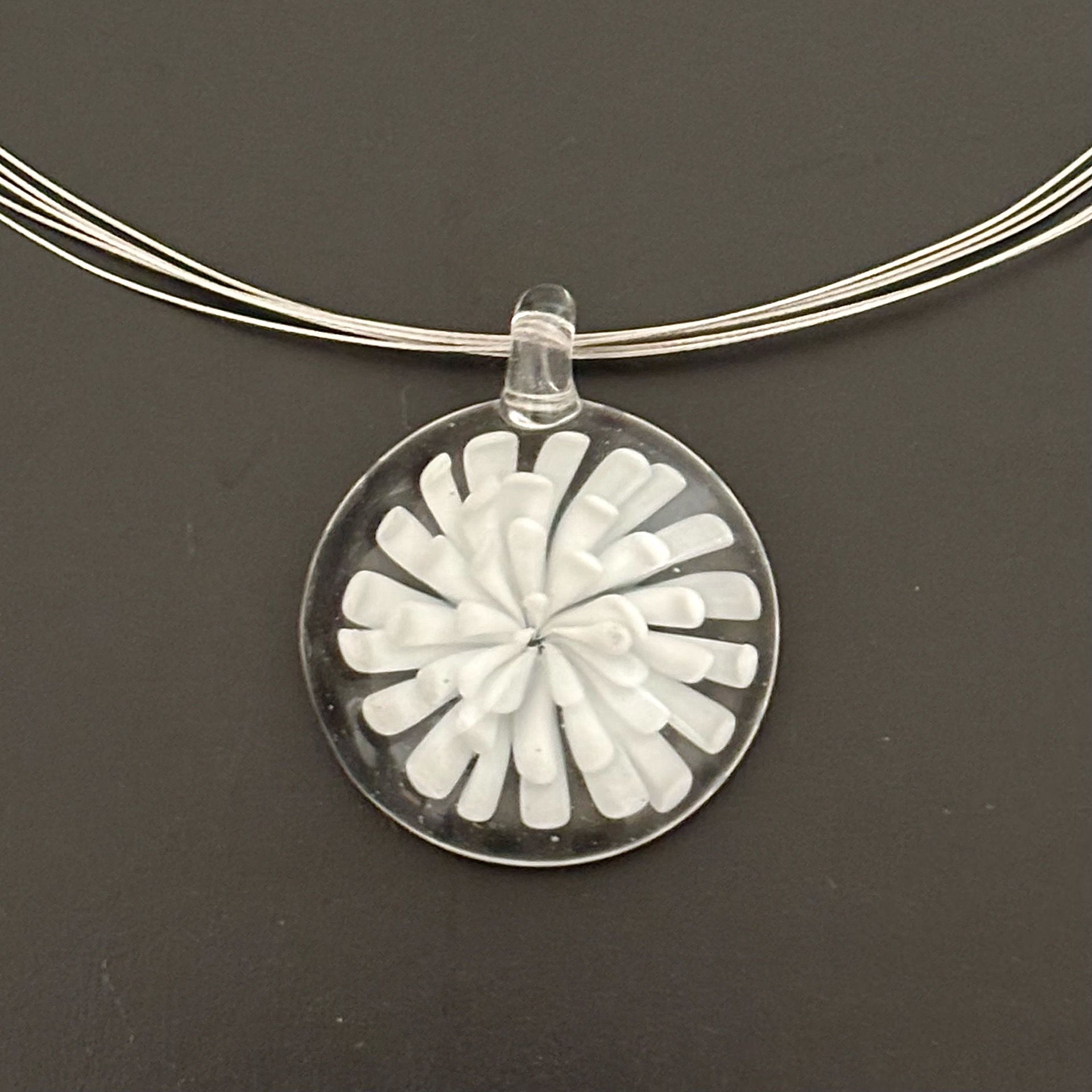 Blown Glass Pendant & Stainless Steel Wire Strand Necklace 16”