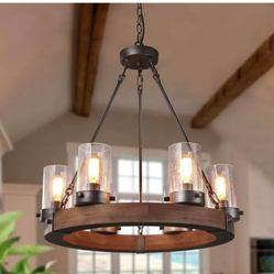 Bronze Farmhouse Chandelier Wood Wagon Wheel 6-Light Rustic Chandelier for Foyer with Seedy Glass and Aged Silver Metal