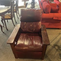Recliner Chair: Mission Style Recliner Chair W/ Burgundy Leather Seat & Wooden Frame as-is SKU C6ST1H