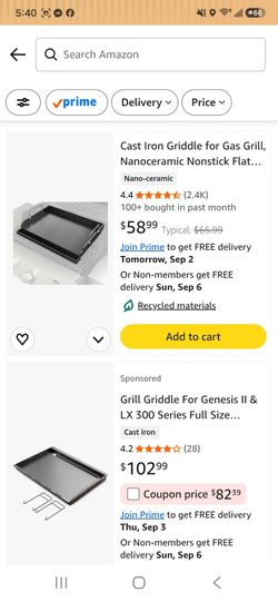USED Durable cast iron griddle is black and designed for Genesis II and LX 300 series gas grills. It has a flat cooking surface with raised edges and 