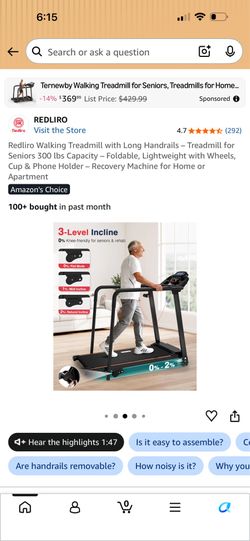 Redliro treadmill with long handrails., foldable, 300lb capacity, 0-2%incline - Amazon