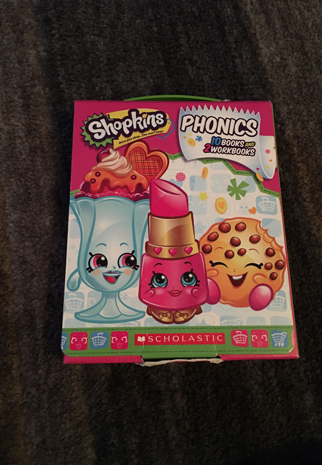 Shopkins 10 story books, 2 work books and Shopkins cards