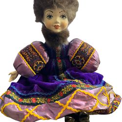 Doll 1970 Vintage Russian Porcelain Doll 17 1/2" With Rabbit Fur Hat & Scarf  Traditional Hand Made Dark Purple Velvet Dress  Adorable handmade doll w
