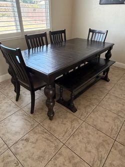 Dark Wood Farmhouse Dining Table Set with Bench