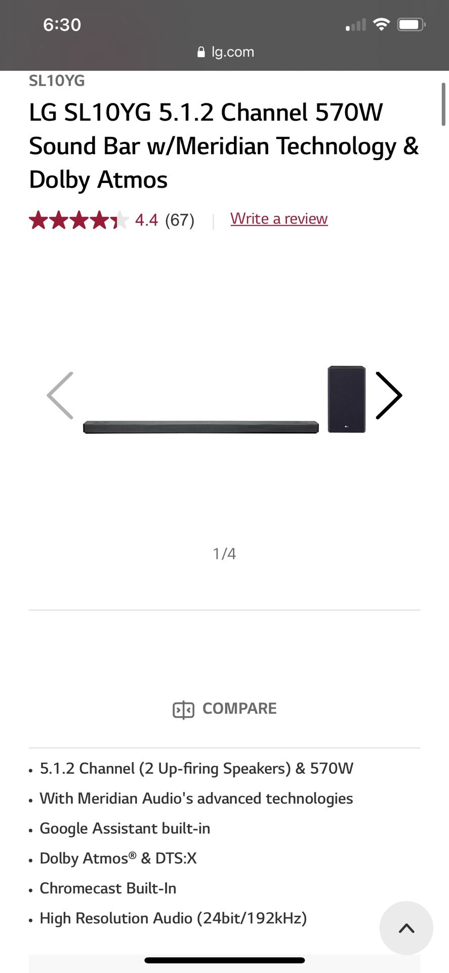 LG Sl10YG 5.1.2 Dolby Atmos Sound Bar and Sub