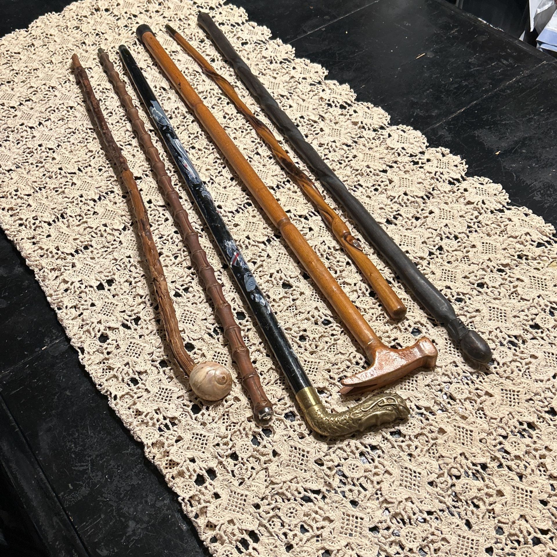 Wood Cane Walking Stick LOT, Carved Snake, Brass Dragon Head, Seashell, Bamboo, Hammer, African Art Face
