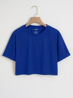 SHEIN Women’s Cropped Crew Neck Short Sleeve Knit T-Shirt Logo L Blue/Black