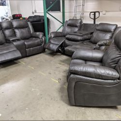 BLOWOUT NEW In Box Gunmetal Gray 3pc (5 Recliners) Couch Sofa Set 