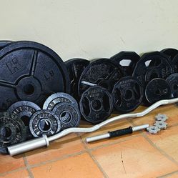 Olympic Weights/Cast Iron Weights/Weight Training/Excellent Condition /Refurbished/Includes Grip Plates/Curl Bar/spin-lock collars/


