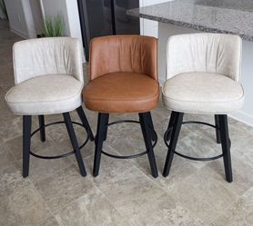 LueBona Paul Series, From Home Depot, Pleated Beige/Brown Faux Leather Swivel Barstool 3 Chair Set