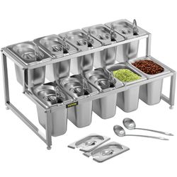 NEW!! Expandable Spice Rack,  Adjustable, 2-Tier Stainless Steel Organizer Shelf with 10 1/9 Pans and 10 Ladles, Countertop Holder for Sauce Ingred