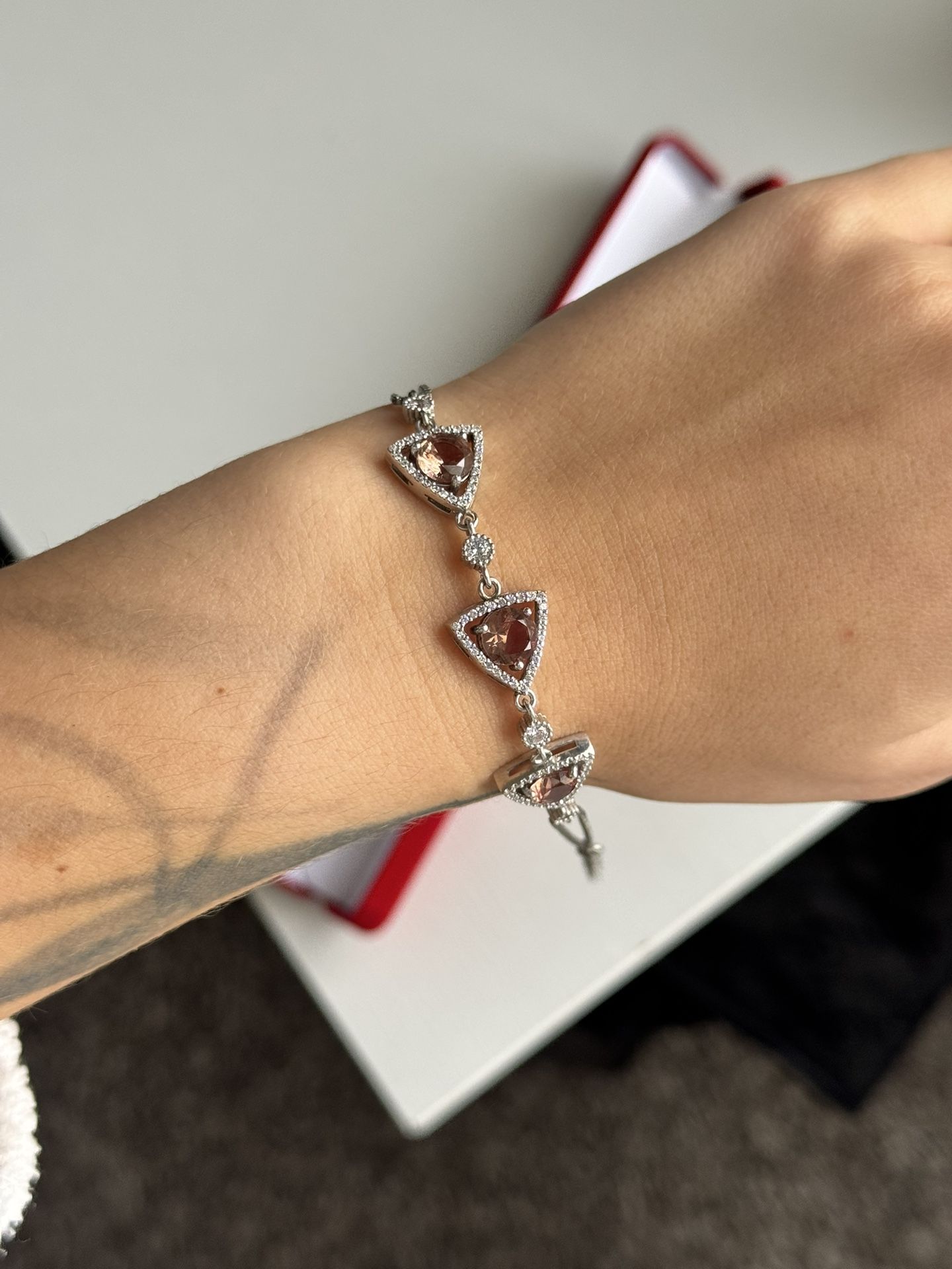 Sterling Silver Bracelet with Peach Gemstones (NEW, Gift Box)