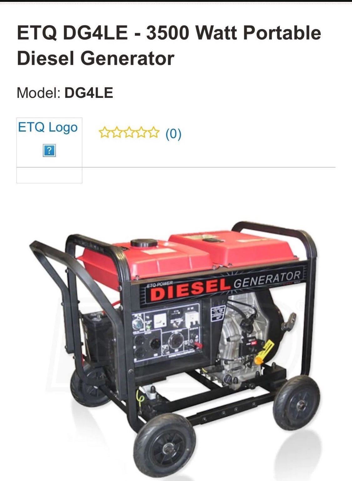 Model: ETQ DG4LE - 3500 Watt Portable Diesel Generator 1300.00
