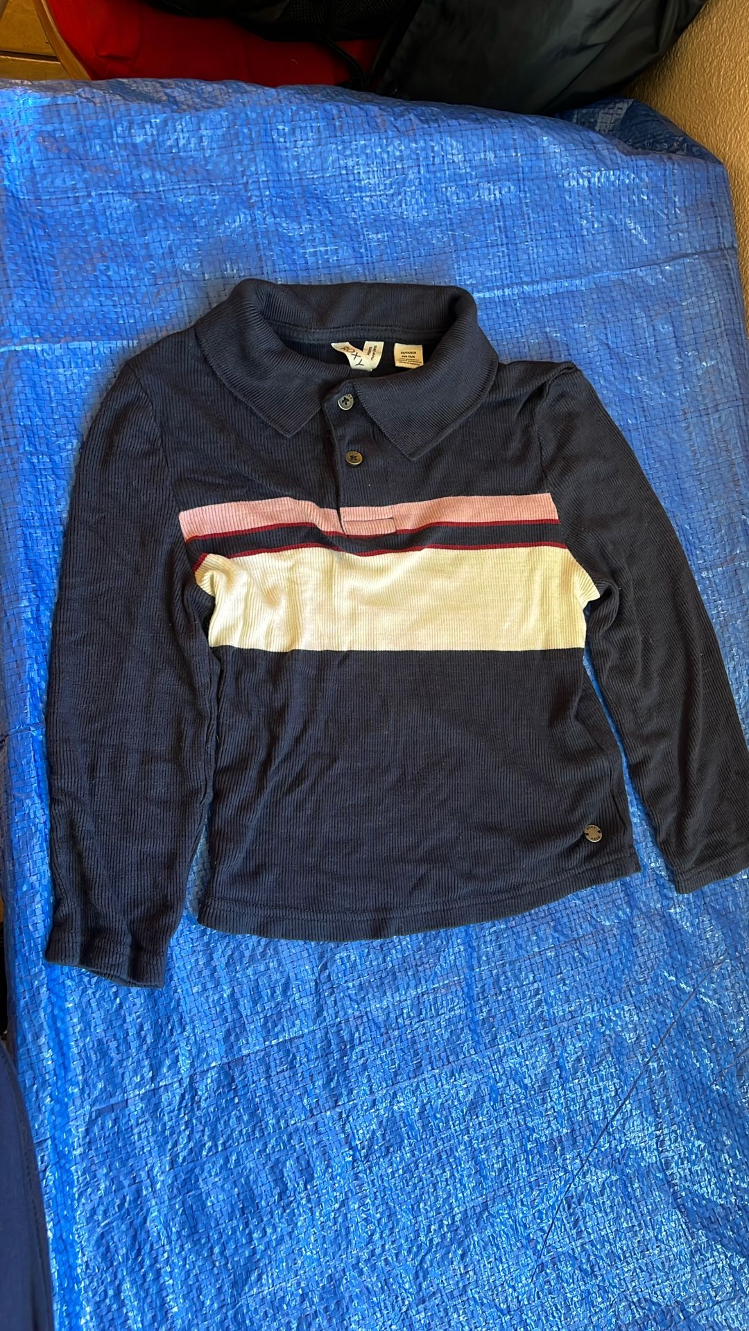 Long Sleeve Blouse, Soft,stretchy, Navy Blue,pink,burgundy And White Stripes. Gold Copper Like Color Buttons.