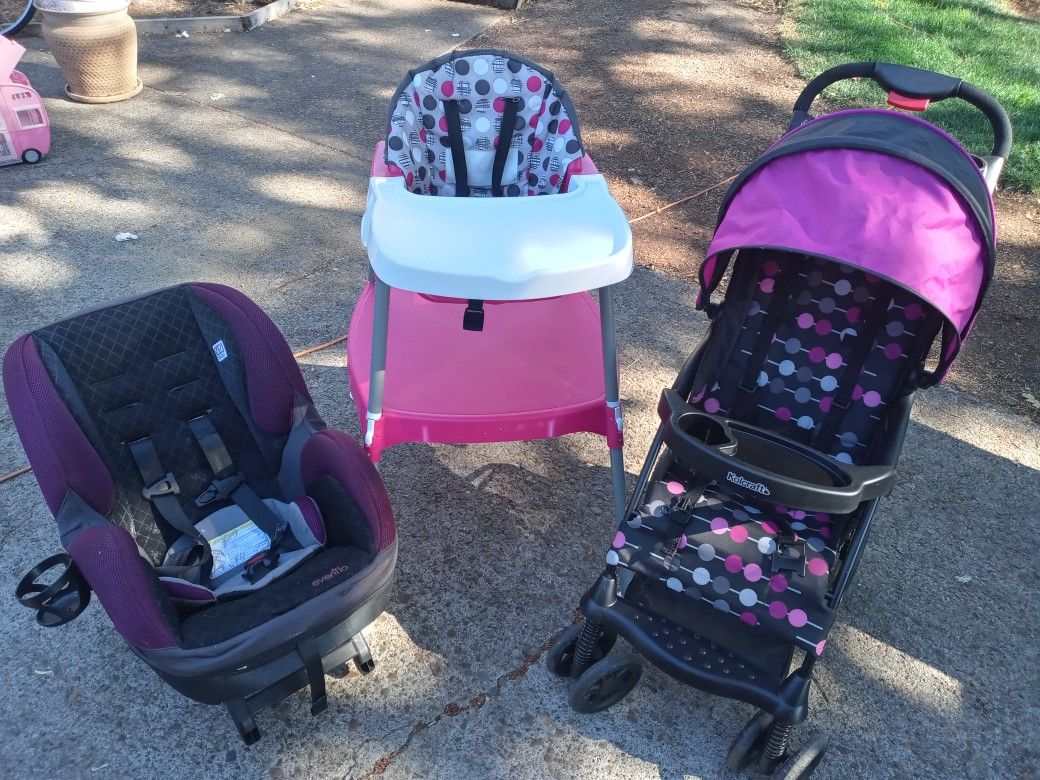 Baby carseat, highchair, and stroller trio