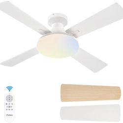 44" Flush Mount Ceiling Fan with Light/Remote Low Profile Reversible White/Wood Grain Indoor/Outdoor