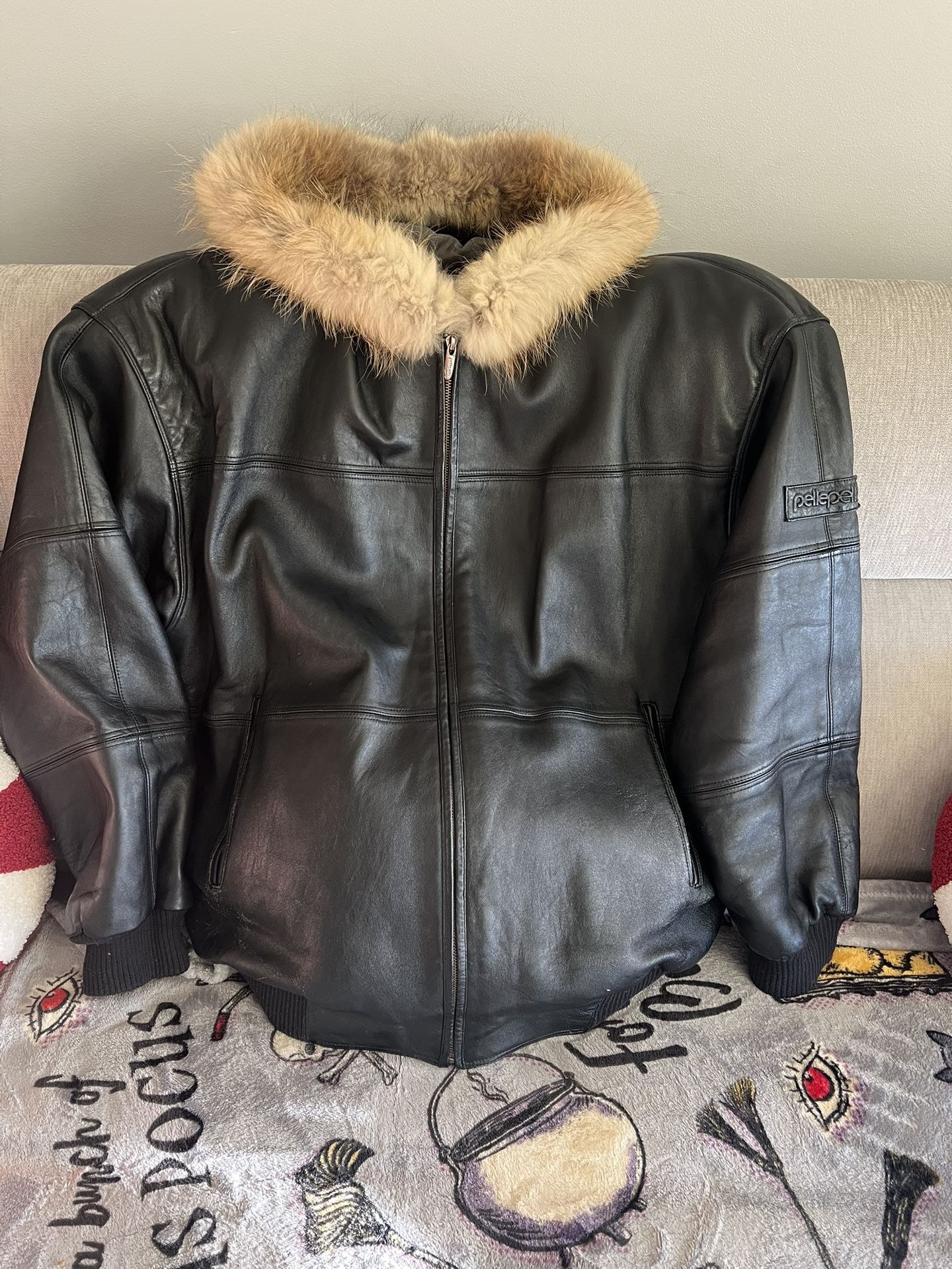 pellepelle Black leather With Fur Hoodie. $250