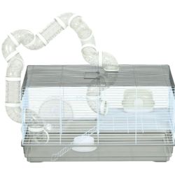 Small Animal Cage for Gerbil or Dwarf Hamster wTubes, Exercise Wheel, Food Dish, Water Bottle, 23" x 13" x 12", Gray