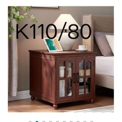 K120🔥Farmhouse End Table with Charging Station,24" Large Sofa Side Table with Glass Barn Door,Rustic Wood Night Stand with Adjustable Storage Shelf,S