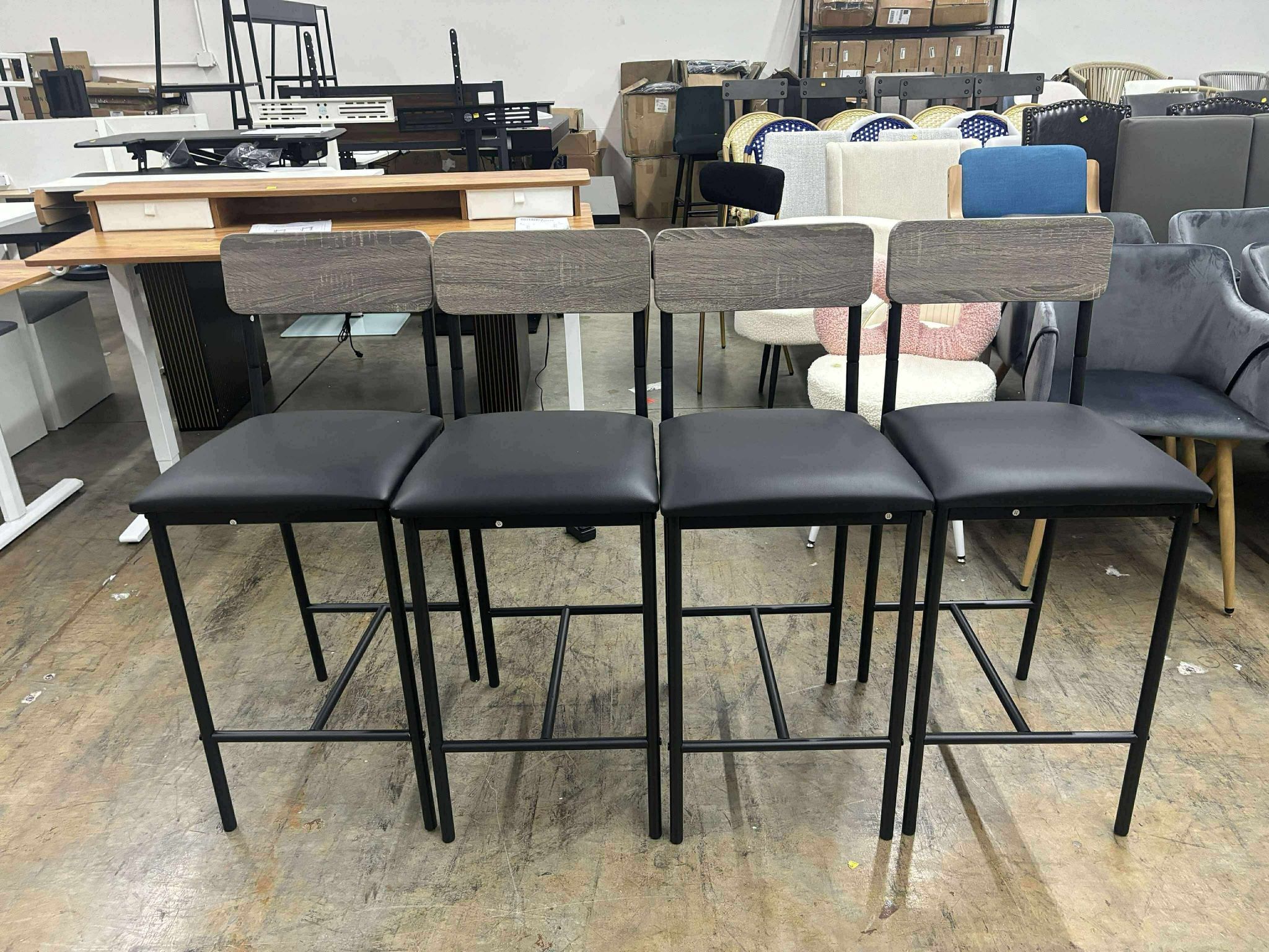 Bar Stools Set of 4 Kitchen with Footrest Grey Modern Contemporary Iron Wood Finish
